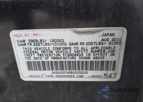 2011 Mitsubishi Lancer Es from USA, damaged, VIN JA32U2FU6BU005233